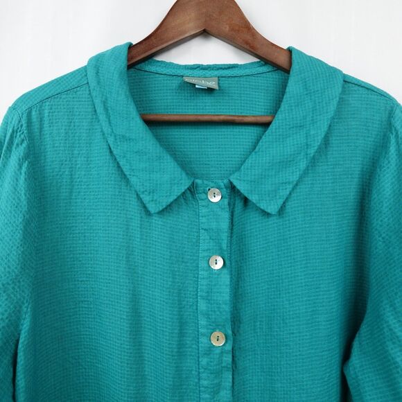 Nilgun Derman Niche Asymmetric Linen Blend Blouse Size XL Teal Green Lagenlook - Picture 8 of 8